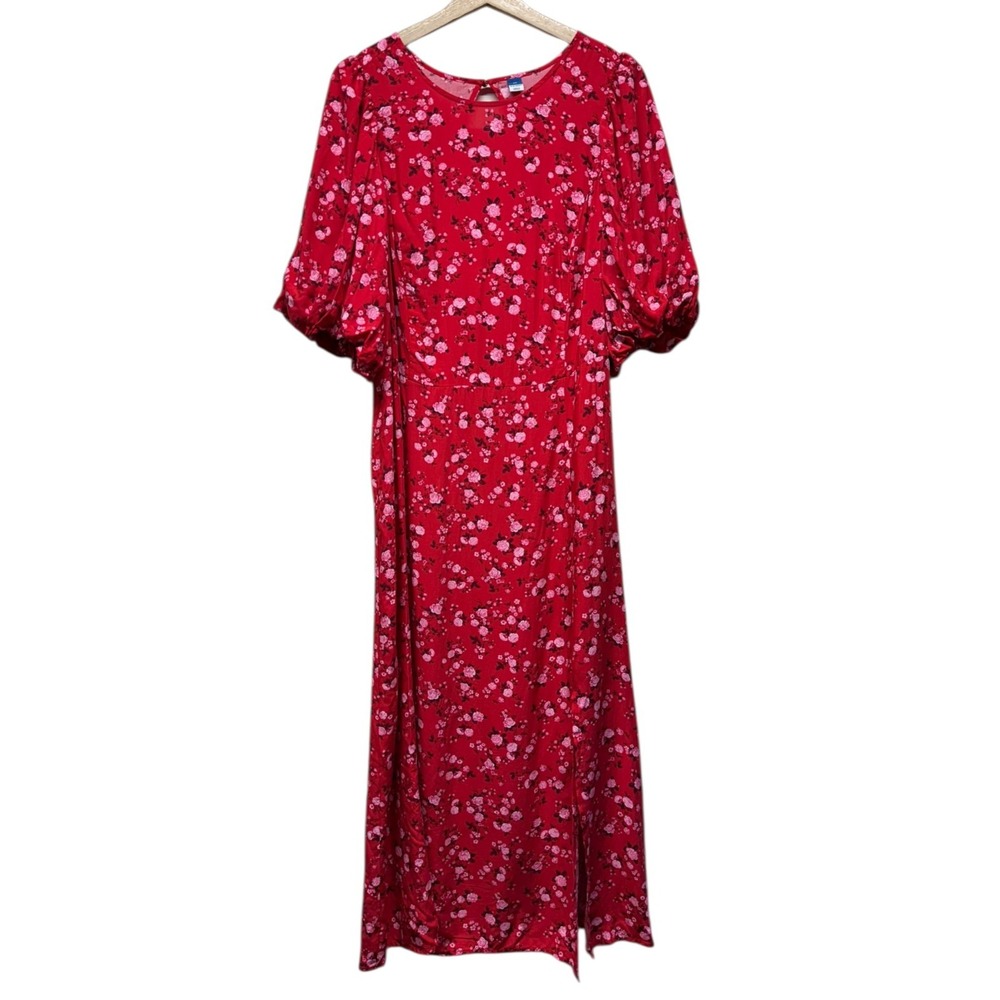 Old Navy Maxi Dress Women 2X Red Floral Cottagecore Peasant‎ Puff Sleeve Smocked